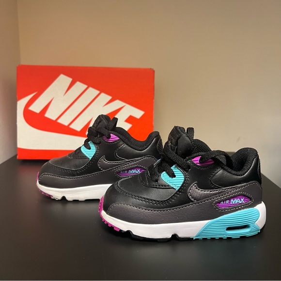 Nike Air Max 90 LTR BT Black/Metallic Dark Grey/Blue/Aurora; Size: 6C (Toddler) - Picture 3 of 7